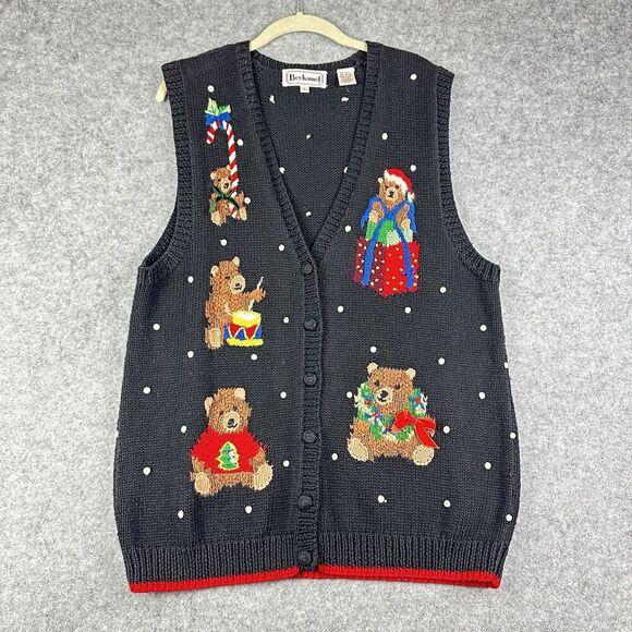 Vintage Bechamel Sweater Vest L Hand Knit Cardigan Bears Christmas Cottagecore* - Picture 1 of 14